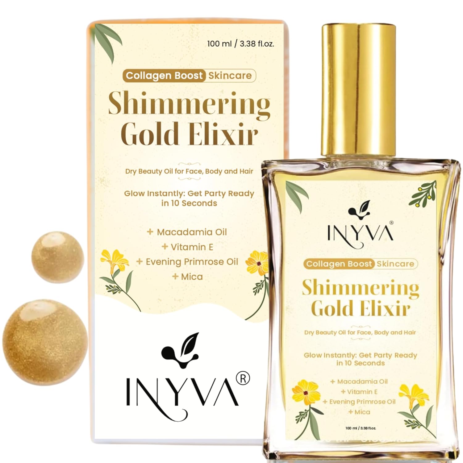INYVA Shimmering Elixir Gold Dry Oil for Face, Body & Skin